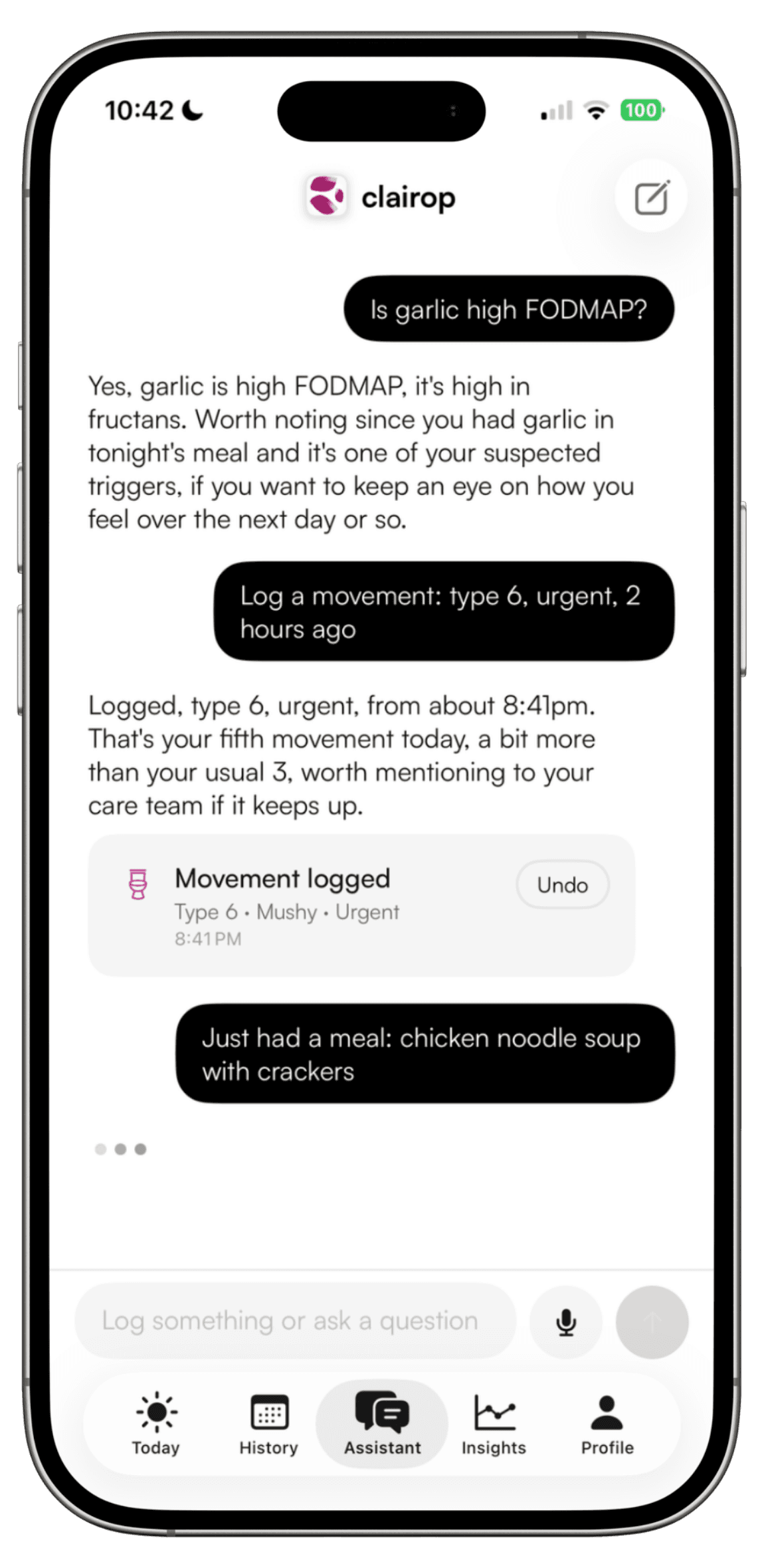 Clairop's assistant: asked whether garlic is high FODMAP, it answers with the user's recent meal in mind, then logs a bowel movement described in plain words