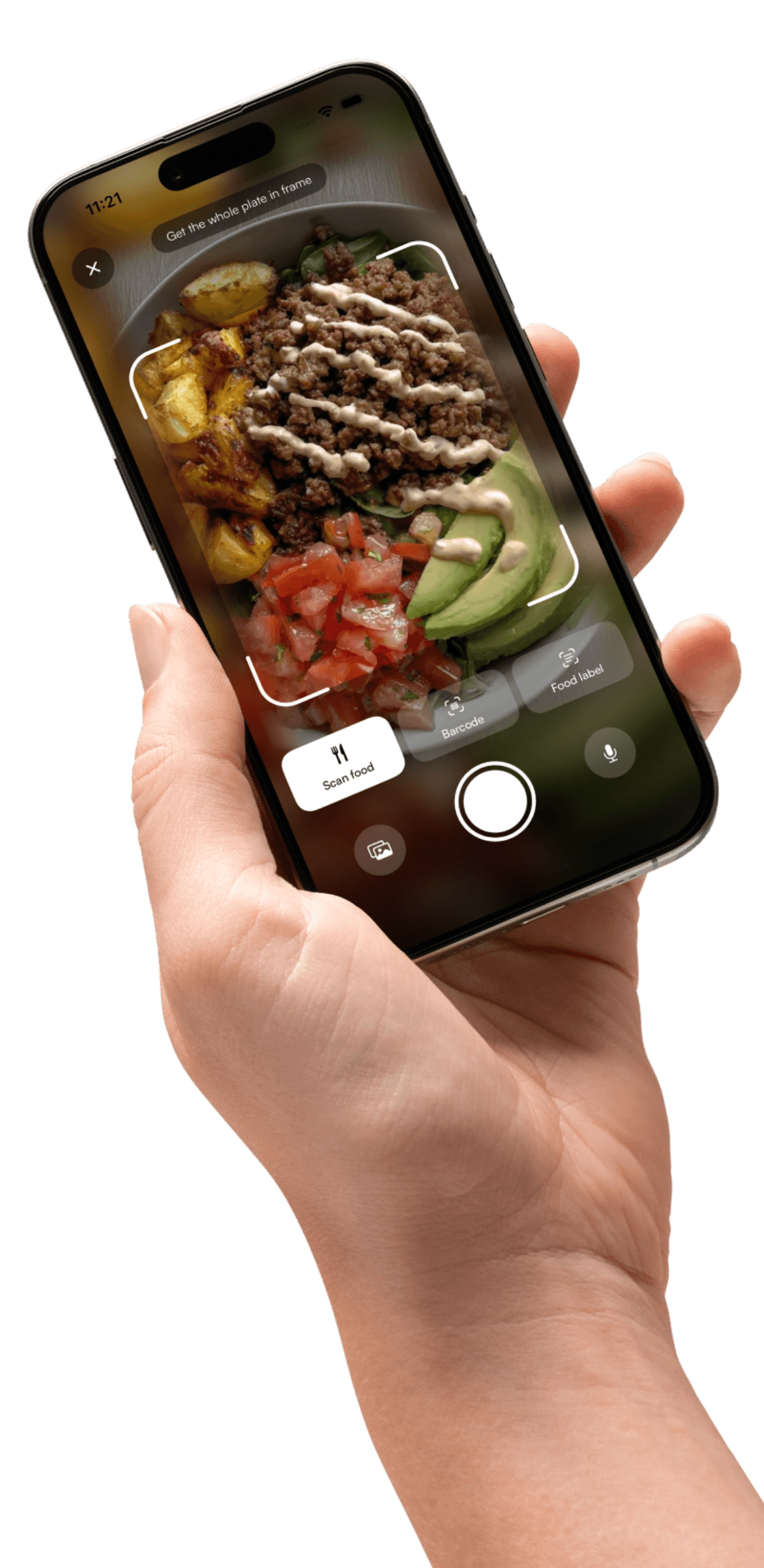 Holding a phone over a plate of food with Clairop's camera open, the Scan food, Barcode and Food label modes along the bottom