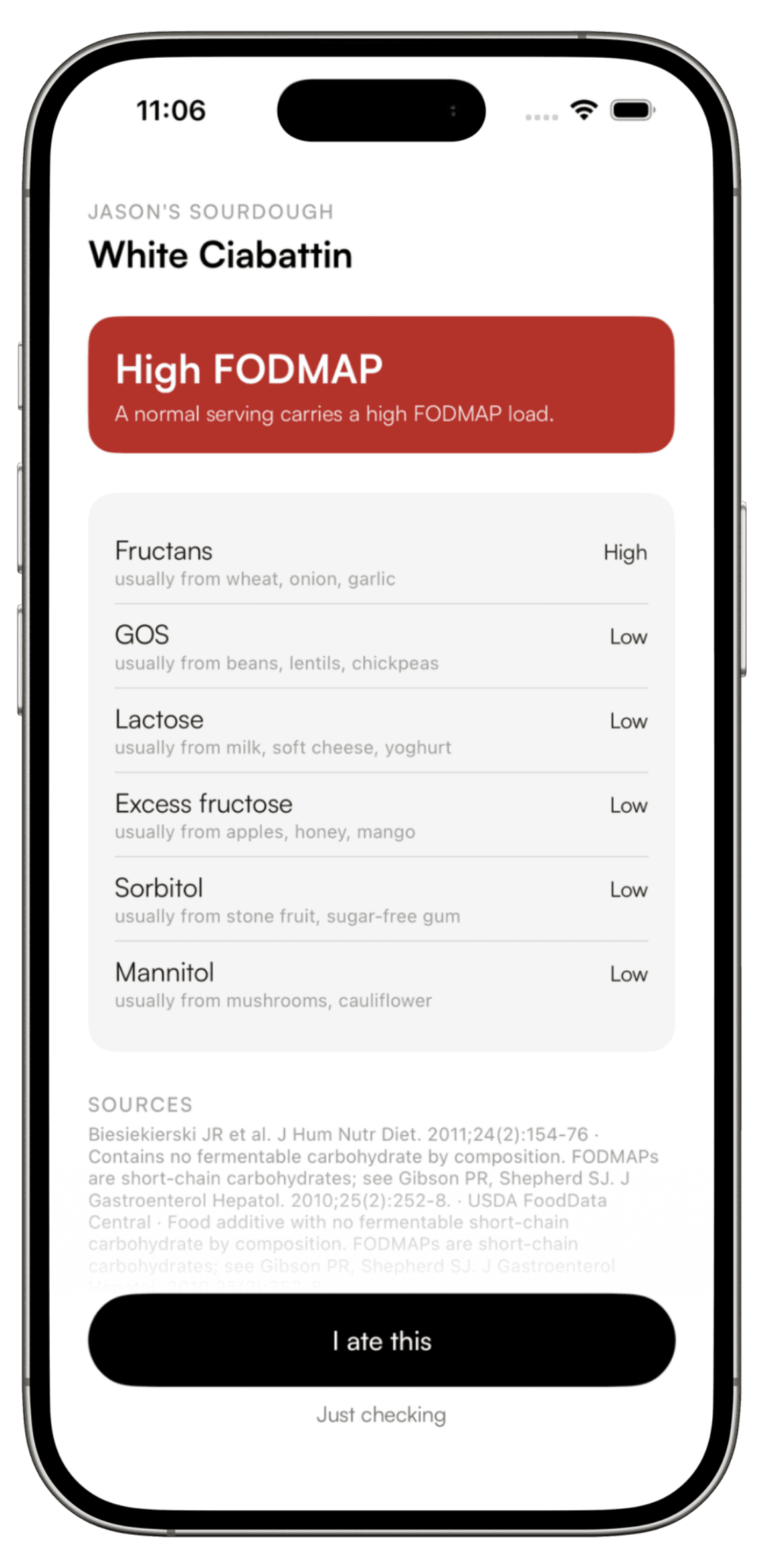 Clairop's scan result for a white ciabatta: a High FODMAP verdict, the six FODMAP subgroups each rated, and the sources behind the values