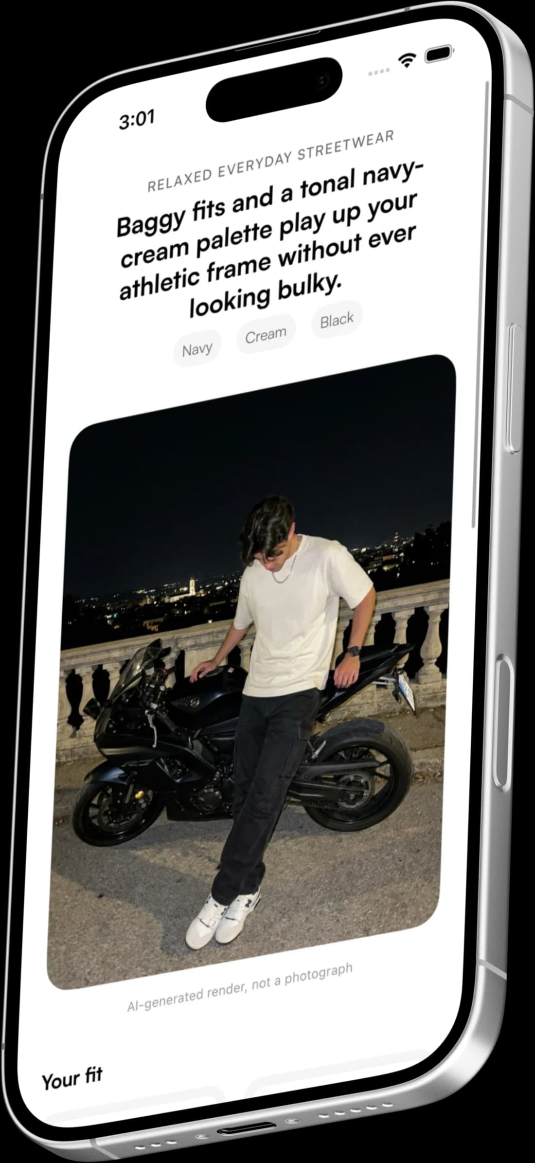 Clairop on iPhone showing an AI try-on render of a full outfit