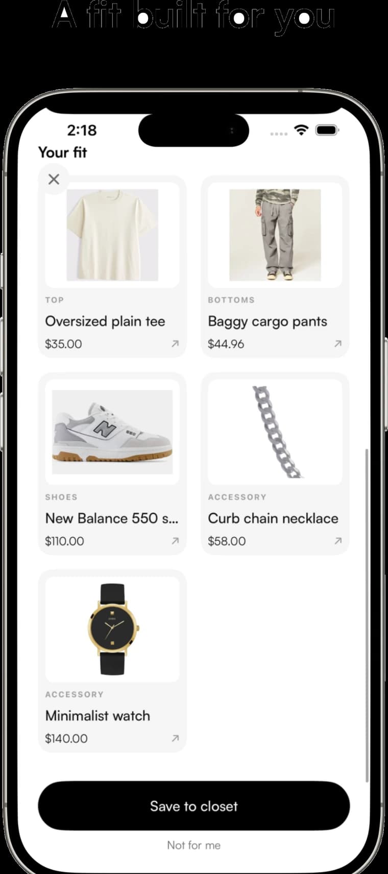 A Clairop outfit: tee, cargo pants, New Balance 550s, chain and watch, with prices