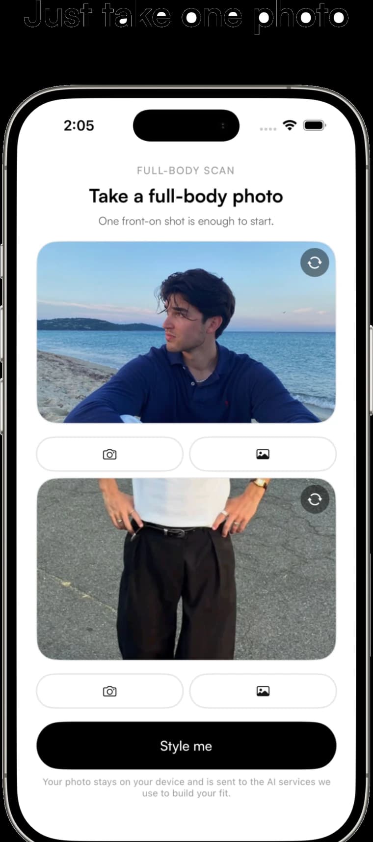 Clairop scan screen with a front and a side full-body photo