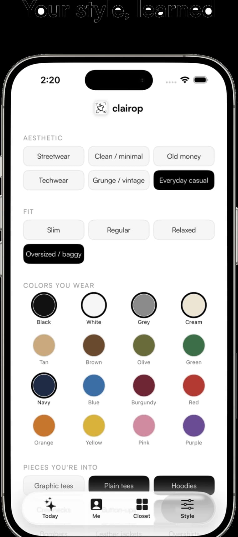 Clairop style preferences: aesthetic, fit, and the colours you wear